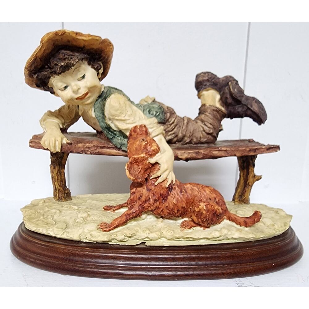 Giuseppe Armani Boy & Dog Figurine on Wood Base 9.5" Vintage Italy